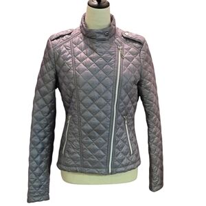 Kenneth Cole Pewter Quilted Moto Bike Jacket Full Zip Closure Women M